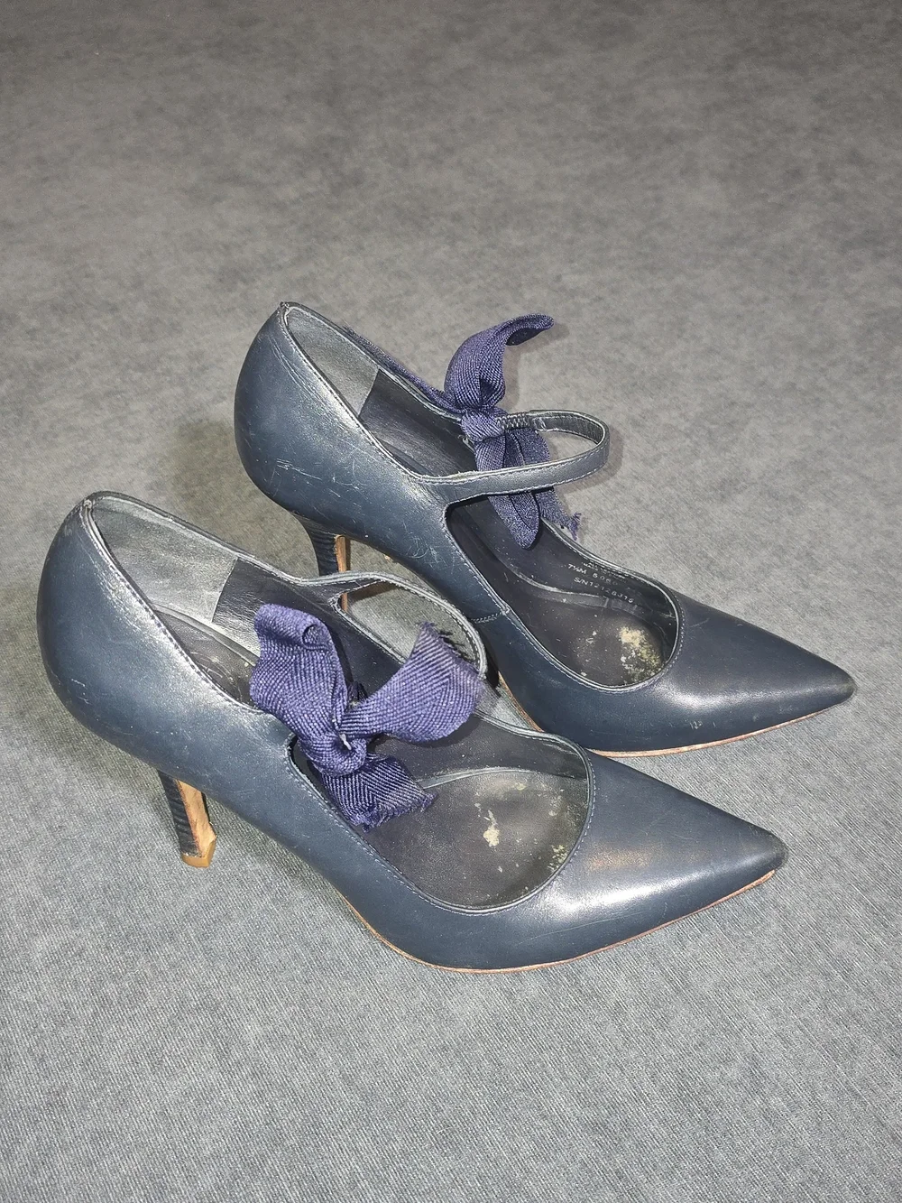 Tory Burch Navy Blue Leather Pointed Toe Mary Jane Ribbon Pumps Heels Size 7.5 M